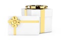 White Cardoard Gift Box, White Gift Card with Golden Ribbon and Bow. 3d Rendering Royalty Free Stock Photo