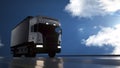 White cargo truck moving on highway. Blue sky background. Transport and logistics concept. 3d Illustration