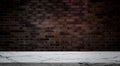 white carrara marble table at foreground with blurred old brown brick wall as background, brick wall texture. empty table. Royalty Free Stock Photo