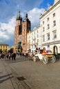 The white carriage with tourists goes ahead