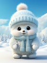 White cartoon bear with cuddly demeanor wears cozy scarf and mittens, exuding warmth. Playful and adorable, bear