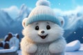 White cartoon bear with cuddly demeanor wears cozy scarf and mittens, exuding warmth. Playful and adorable, bear