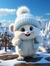 White cartoon bear with cuddly demeanor wears cozy scarf and mittens, exuding warmth. Playful and adorable, bear