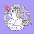 White, cartoon cat unicorn in a round rainbow. Children`s design. Vector illustration Royalty Free Stock Photo