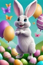 White cartoon Easter bunny surrounded by Easter eggs, baloons and butterflies