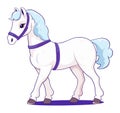 White cartoon horse with blue mane and purple halter standing. Cute stylized equine character for children's book Royalty Free Stock Photo