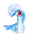 White cartoon lighthouse with ocean wave on background. Hand drawn watercolor illustration Royalty Free Stock Photo