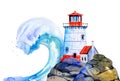 White cartoon lighthouse and small house on stone coast with wave on the background. Hand drawn watercolor illustration Royalty Free Stock Photo