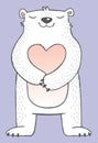 White cartoon polar bear with Valentine`s heart-shaped chest