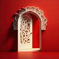 White carved door with patterns on red background. Beautiful opened fantasy door. Tender lace doorway. Fairy tale house Royalty Free Stock Photo