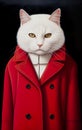 White cat adorned in a striking red trench coat, set against a sleek black background.