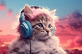 White cat background illustration music pet kitten kitty portrait cute funny animal headphones