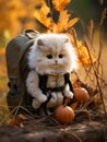 a white cat with a backpack sitting on the ground next to pumpkins Royalty Free Stock Photo