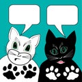 White cat and black tomcat in dialogue, black and white foot prints, speech bubbles with empty area, comic animal