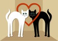 White cat and black tomcat in love, two beautiful cats with red heart. Unusual Valentines day card or wedding announcement in mini