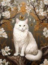 White Cat with Blooming Tree and Golden Gate. Feline Sitting on the Tree Drawing. Generative AI. Royalty Free Stock Photo