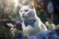 White cat with blue bow in garden. Generate ai Royalty Free Stock Photo