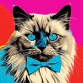 Colorful Pop Art Cat With Bowtie In Andy Warhol Style