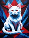 a white cat with blue eyes sitting on a red and blue background Royalty Free Stock Photo