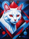 a white cat with blue eyes sitting on a red and blue background Royalty Free Stock Photo