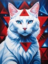 a white cat with blue eyes sitting on a red and blue background Royalty Free Stock Photo