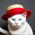 White cat with blue eyes wearing a red hat,generated illustration with ai Royalty Free Stock Photo