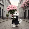 White cat with a bouquet of pink roses. Generative AI Royalty Free Stock Photo