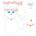 White Cat Bride with Blue Eyes, Crown Pink Rose Flower, Golden Ball Collar. Valentine Day. Vector Illustration. Royalty Free Stock Photo