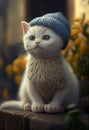 white cat dressed in knitted grey hat and sweater Winter pet concept. illustration calendar postcard illustration Royalty Free Stock Photo