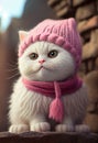 white cat dressed in knitted pink hat and sweater Winter pet concept. illustration calendar postcard illustration Royalty Free Stock Photo