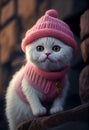 white cat dressed in knitted pink hat and sweater Winter pet concept. illustration calendar postcard illustration Royalty Free Stock Photo