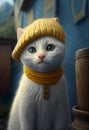 white cat dressed in knitted yellow hat and sweater Winter pet concept. illustration calendar postcard illustration Royalty Free Stock Photo