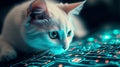 White cat exploring glowing digital interface Royalty Free Stock Photo