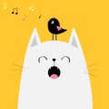 White cat face silhouette Bird on head. Meowing singing song. Music note flying. Cute cartoon funny character. Kawaii animal. Baby Royalty Free Stock Photo