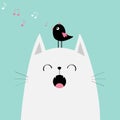 White cat face silhouette meowing singing song. Bird on head. Music note flying. Cute cartoon funny character. Kawaii Royalty Free Stock Photo