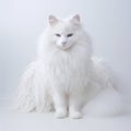 Furry White Cat In Front Of A White Background