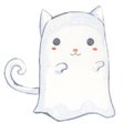 White cat ghost cartoon character watercolor illustration for decoration on Halloween festical and cute pet concept