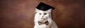 White Cat in Graduation Hat with Bow Tie