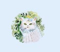 White cat in green bushes and flowers. Cool cat - a great print on a t-shirt, things. Cat on a white background. Royalty Free Stock Photo