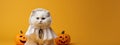White cat in halloween costume isolated on yellow background. Panoramic banner template with copy space