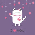 White cat Hanging pink hearts. Dash line. Heart set Cute cartoon character. Kawaii animal. I love you text. Greeting card. Happy Royalty Free Stock Photo