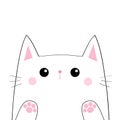 White cat head face silhouette. Black contour. Paw print hand. Pink blush cheeks. Funny Kawaii sad animal. Baby card. Cute cartoon Royalty Free Stock Photo