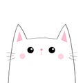 White cat head face silhouette. Black contour. Pink blush cheeks. Funny Kawaii sad animal. Baby card. Cute cartoon funny character Royalty Free Stock Photo