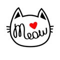 White cat head silhouette shape. Meow lettering text. Cute cartoon character. Red heart. Love card. Kawaii animal. Baby pet collec Royalty Free Stock Photo