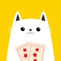 White cat holding movie tickets. Cute cartoon funny character. Cinema theater. Kitten watching movie. Film show. Kids sticker