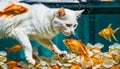 White cat inside a fish tank with goldfish swimming around, AI-generated. Royalty Free Stock Photo