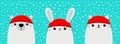 White cat kitten bear bunny rabbit head face set. Red hat. Merry Christmas. Happy New Year. Cute cartoon kawaii baby character. Royalty Free Stock Photo