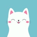 White cat kitten. Happy relaxing sleeping face head silhouette. Funny kawaii smiling animal. Pink cheeks, tongue, ears. Cute