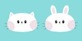 White cat kitten kitty bunny rabbit face icon set. Pink cheek. Kawaii cute cartoon funny baby character. Happy Valentines Day.