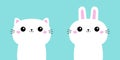 White cat kitten kitty bunny rabbit icon set. Funny face. Happy Easter. Kawaii cute cartoon baby character. Happy Valentines Day.